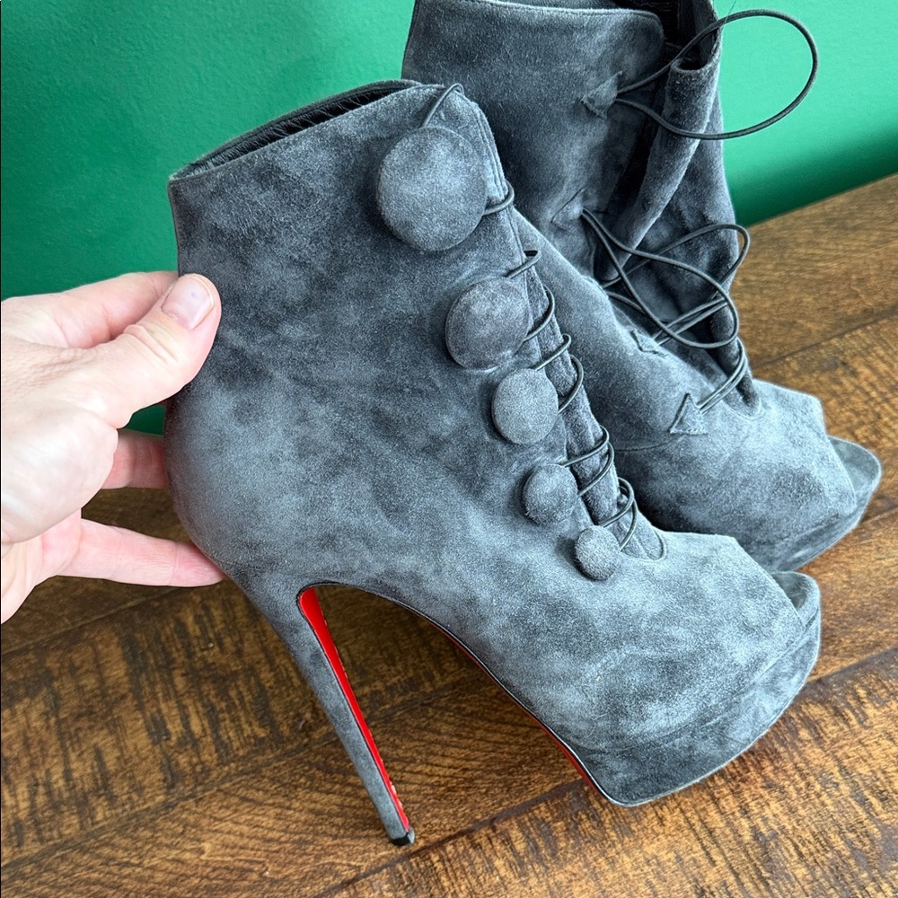Louboutin Gray Suede Lace-Up Ankle Boots